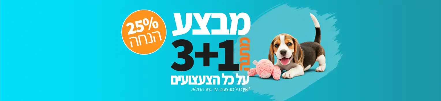 באנר מבצע 3+1 על צעצועים לכלבים